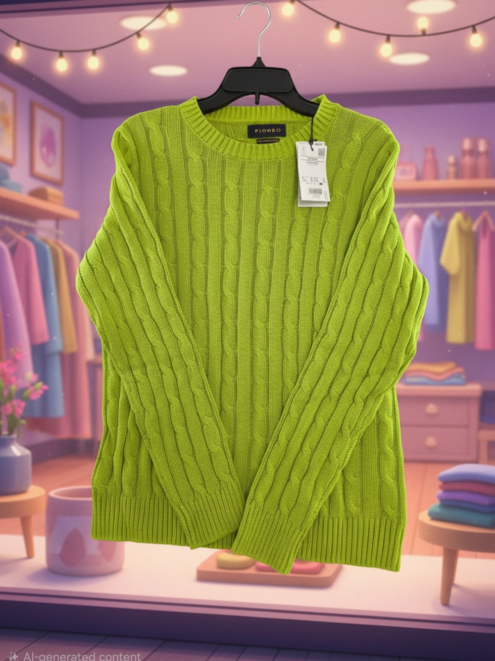 Piombo Women's  Bright Lime Cable Knit Crewneck Sweater